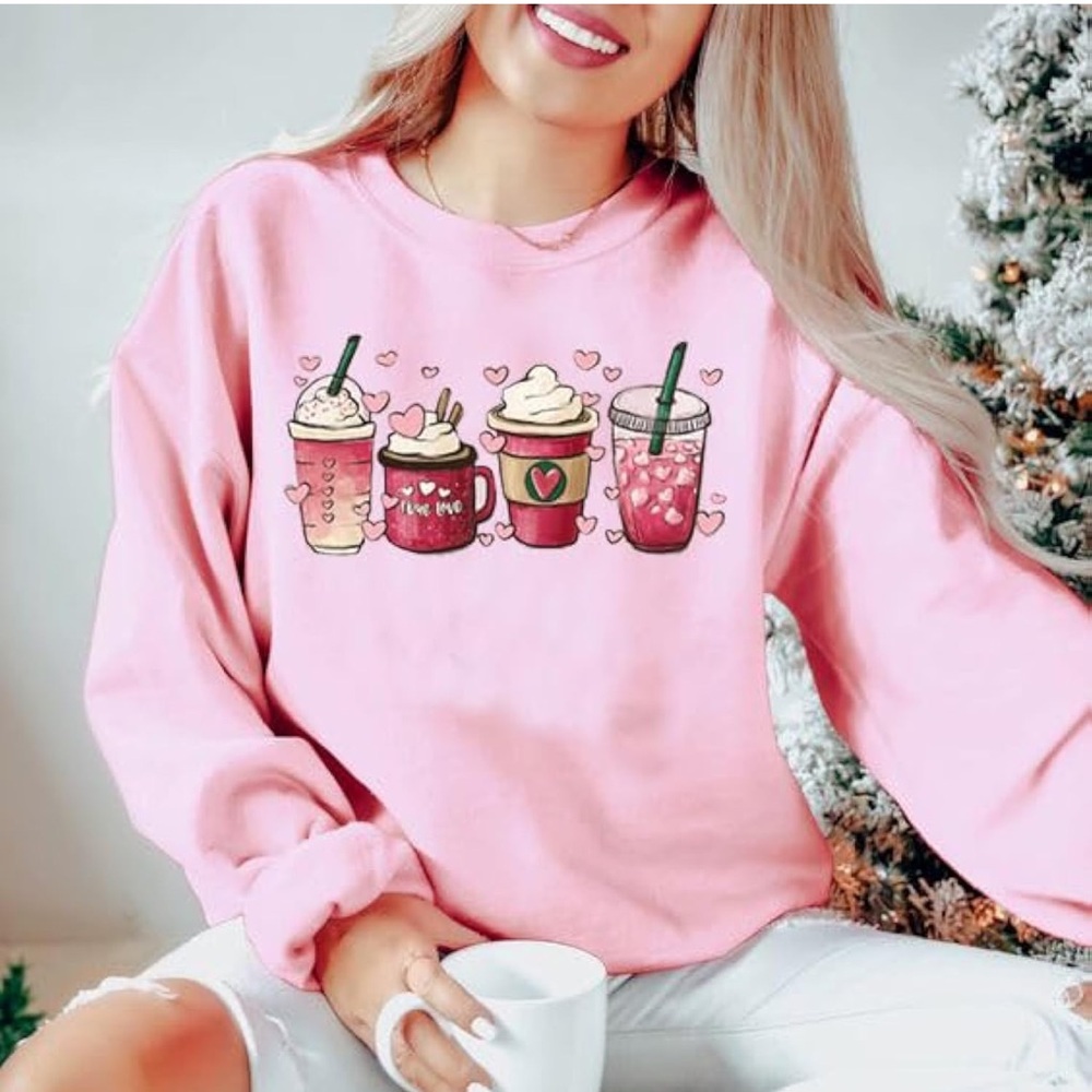 Valentine’s Day coffee cup print sweatshirt long sleeve